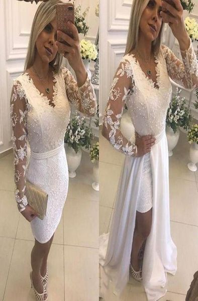

white pearls short party evening dresses with detachable skirt illusion long sleeves lace formal prom gowns for evening9854069, Black