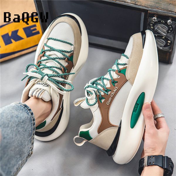 

height increasing shoes men thick sole running shoes fashion casual leather spliced mesh breathable height increased platform shoes male chu, Black;white