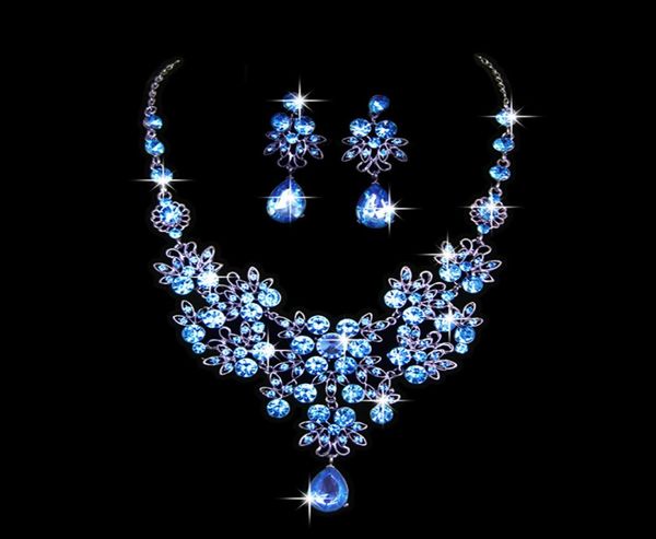 

crystal bridal wedding jewelry set fashion rhinestone water drop earrings necklace set hollow flower women party jewelry set gift6317322, Silver