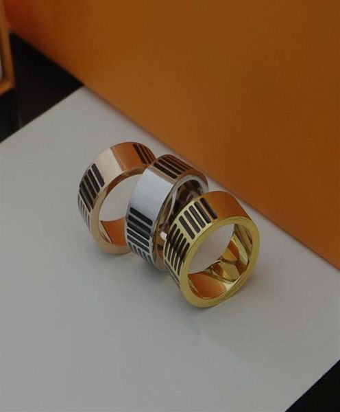 

europe america fashion rings men lady women titanium steel three color enamel stripe engraved v letter lovers damier pattern ring 1899702, Slivery;golden
