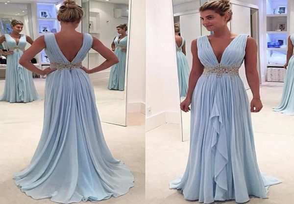 

light sky blue summer chiffon prom dresses plunging v neck pleated crystal beaded evening gowns backless prom dress5275052, Black