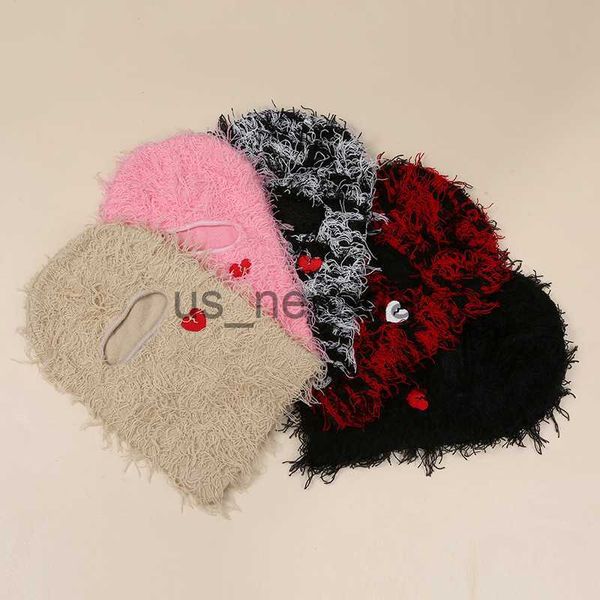

beanie/skull caps single hole knitted face mask embroidered heart cover acrylic wool balaclava hat j230823, Blue;gray
