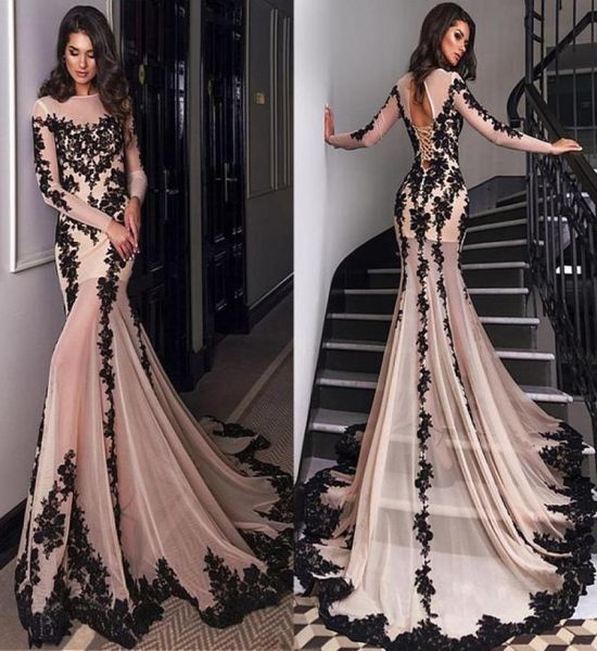 

chiffon bateau neckline mermaid evening dresses with lace appliques long sleeves nude and black prom dresss trumpet prom gowns8590218