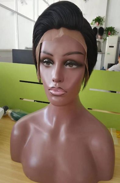 

short straight human hair wigs glueless lace front wigs pixie short cut lace front ladies wig whole malaysian wigs for black w1708304, Black;brown