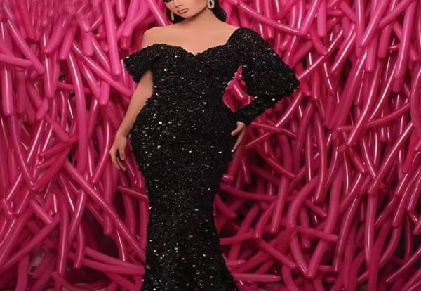 

aso ebi 2022 black mermaid sequined evening dresses glitter sparkly long formal party gowns off shoulder one sleeve prom dress cus4719505, Black;red