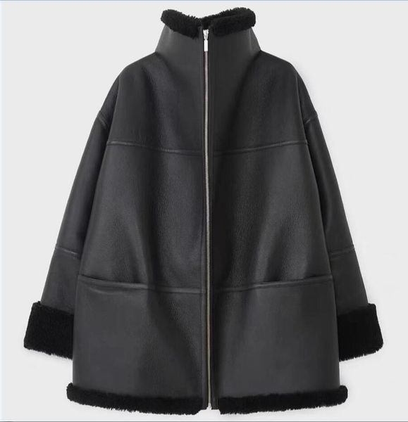 

autumn and winter silhouette tote shaped eco-friendly fur lapel zipper wool fur integrated jacket fur coat motorcycle jacket jacket, Black