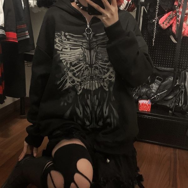 

men's hoodies sweatshirts 90s aesthetic butterfly zip up oversized sweatshirts harajuku long sleeve goth hoodies y2k autumn grunge punk, Black