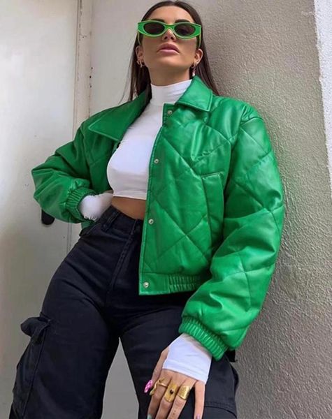

women039s trench coats pu leather short puffer coat women green lapel button up fashion cropped jacket 2023 long sleeve ins thi9705499, Tan;black