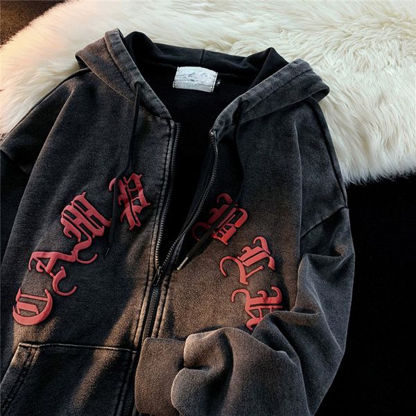 

men's hoodies sweatshirts y2k zip up hoodie grunge women men autumn embroidery letter long sleeve gothic hooded sweatshirt lady loose r, Black
