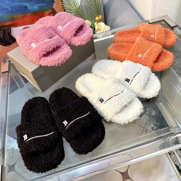 

luxury slides paris designer men women slippers ladies wool winter fur fluffy furry warm letters sandals comfortable fuzzy girl fl zucbae, Black