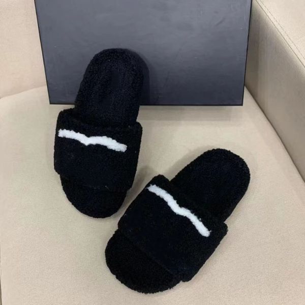 

designer women slippers ladies wool slides winter fur fluffy furry warm letters sandals comfortable fuzzy inverted triangular iron sheet, Black