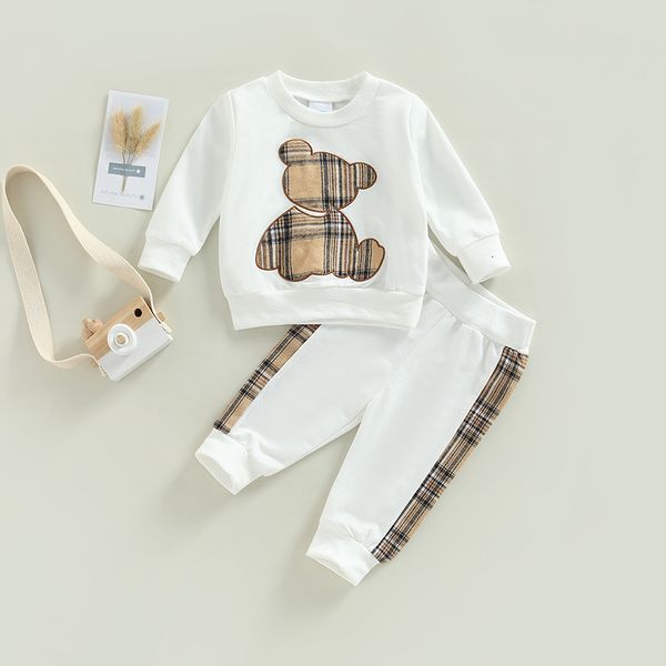

rompers spring baby girls clothes born toddler long sleeve plaid bear pattern sweatshirt pants outfits tracksuits 230823, Blue