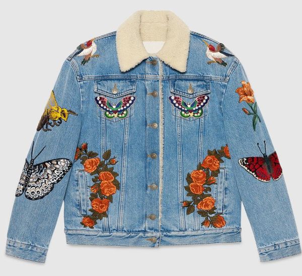 

new design denim jacket women in 2016 embroidery lamb fur warm thick outerwear short navy blue jeans female jacket 8656491, Black;brown