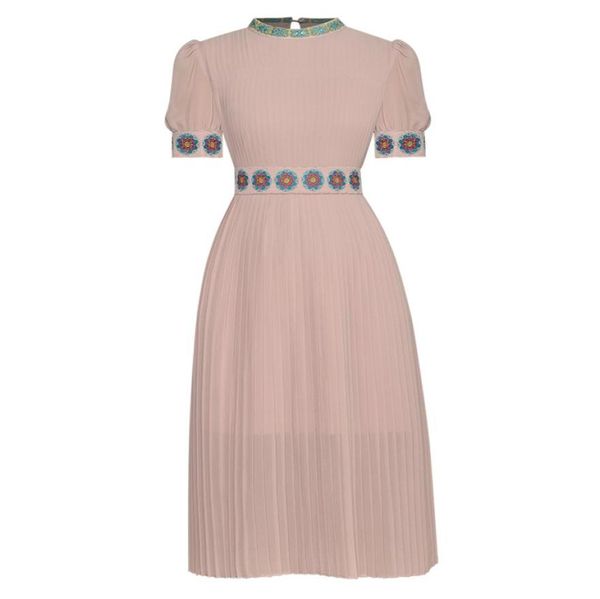 

embroidery waist stand collar short sleeve pleated party dress female designer summer 2022 vestidos robe femme4593285, Black