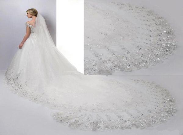 

custom new white ivory amazing lace sequin crystal wedding veil cathedral length with comb one layer bridal veils floor length aro5247817, Black