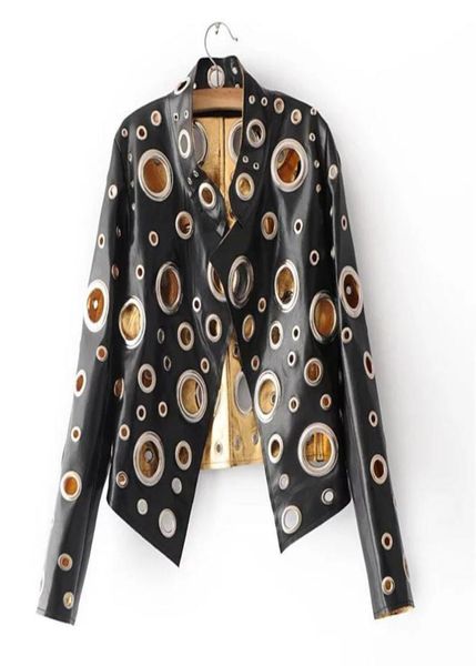 

european and american fashion stand collar pu jacket coat loose bright openwork metal ring decoration pu jackets coats black xl5085725