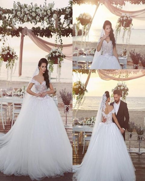 

off the shoulder v neck lace appliques ball gown wedding dresses 2021 bride gowns lace up back court train3518982, White