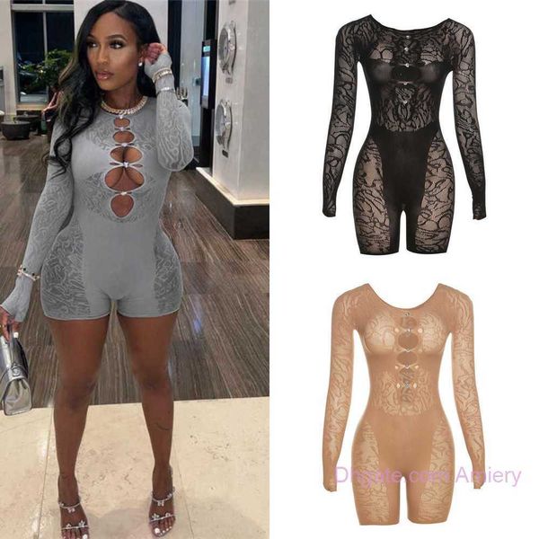 

2023 summer rompers jumpsuits for women perspective lace body suit long sleeve hollow out high waist bodycon yoga shorts jumpsuit for womens, Black;white