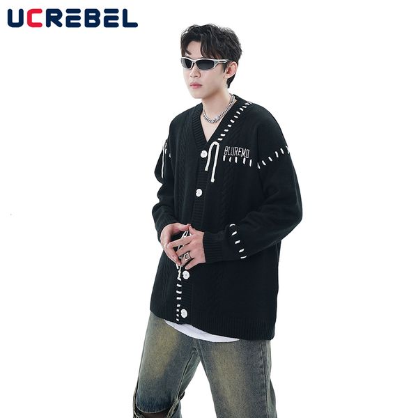 

men's sweaters letter embroidery cardigan sweater mens high street contrast vneck long sleeve knitted men outerwear 230822, White;black
