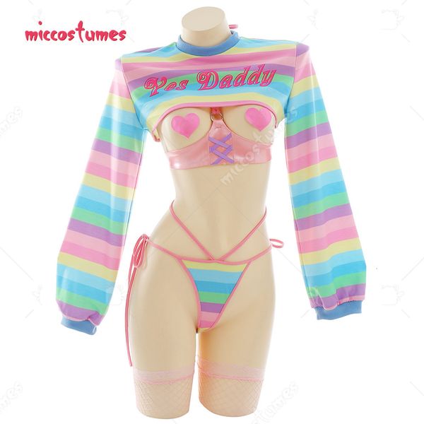 

theme costume women lingerie set rainbow stripe long sleeve short and panty with stockings lingerie sleepwear costumes 230822, Black;red