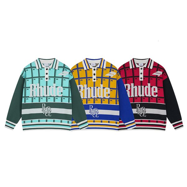

men s sweaters rhude letter jacquard splice lapel knit sweater pullover men woman couple style fashion casual knitwear sweatshirts 230823, White;black