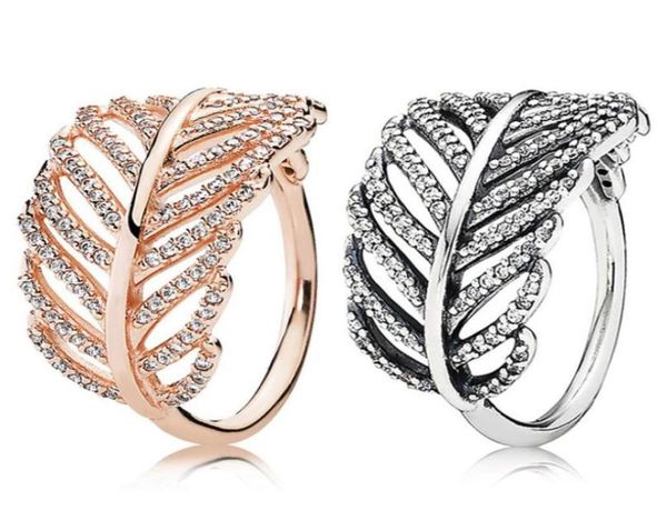 

rose gold glitter light feather ring women hollow leaves retro wedding finger items with original box for pan w1631156112, Silver