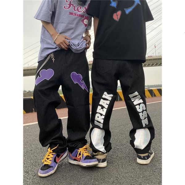 

men s jeans ins embroidery jeans american street lightning love patch hip hop trousers men y2k 230823, Blue