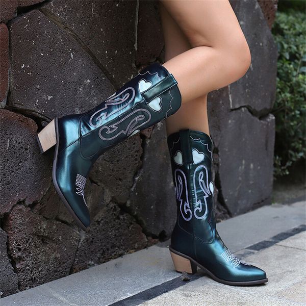

boots women embroidered western heart shape chunky heel slup on fashion vintage cowgirl mid calf booties 230823, Black