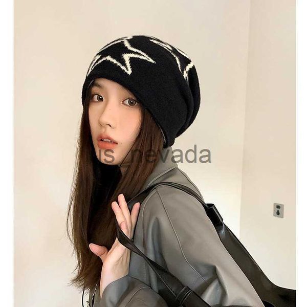 

beanie/skull caps ins korean star knitted hat women's autumn and winter street fashion warm ear protection cap stacked hat j230823, Blue;gray