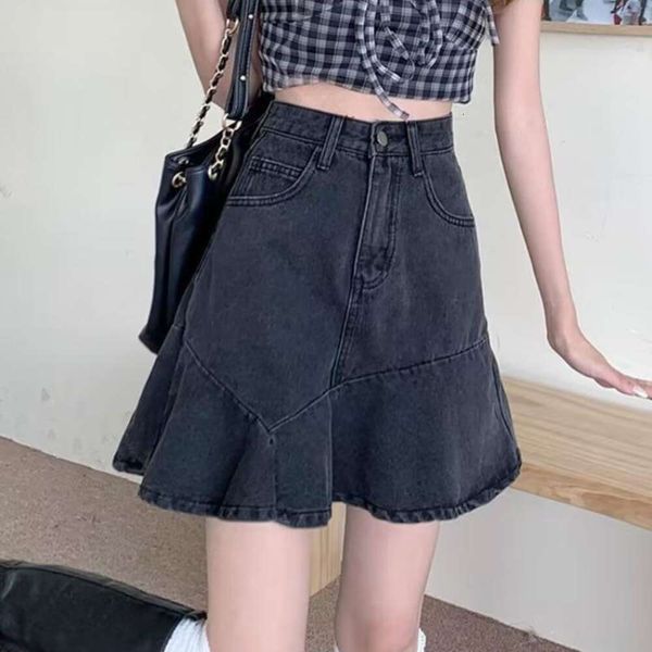 

large size high waist fishtail denim skirt summer fat slim short a shaped, Black