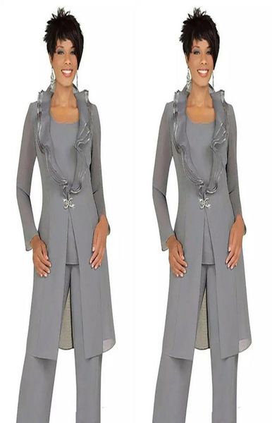

three pieces gray chiffon mother of the bride pant suits with long jacket custom made women wedding guest dresses formal evening o4285426, Black;red