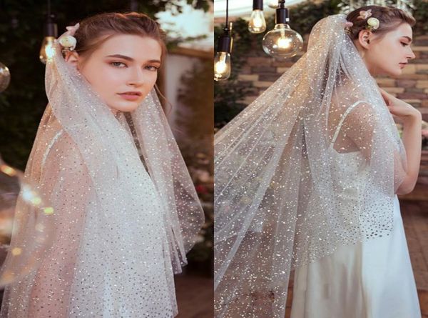 

fashion sequins bridal veils 2019 cut edge two layers veil with comb women wedding dress accessories long veils custom made1256553, Black