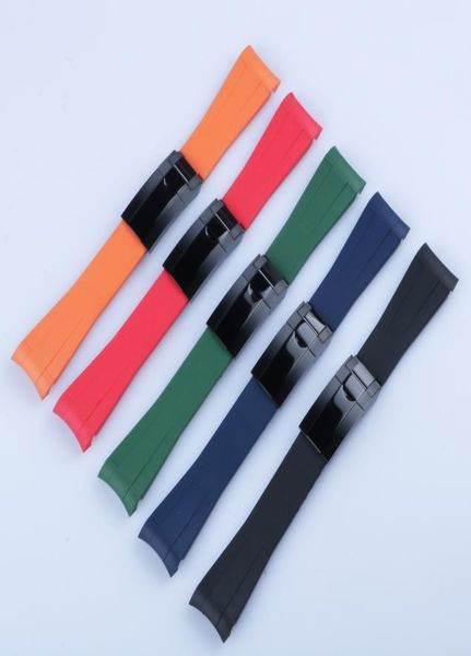 

20mm curved end watch band and black polished clasp silicone black navy green orange red rubber watchband for rol strap sub gmt da4769853, Black;brown