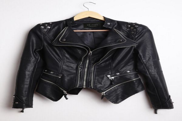 

whole south korea women039s new autumn fashion rivet jacket short design motorcycle pu leather zipper jackets large size s2281009, Black
