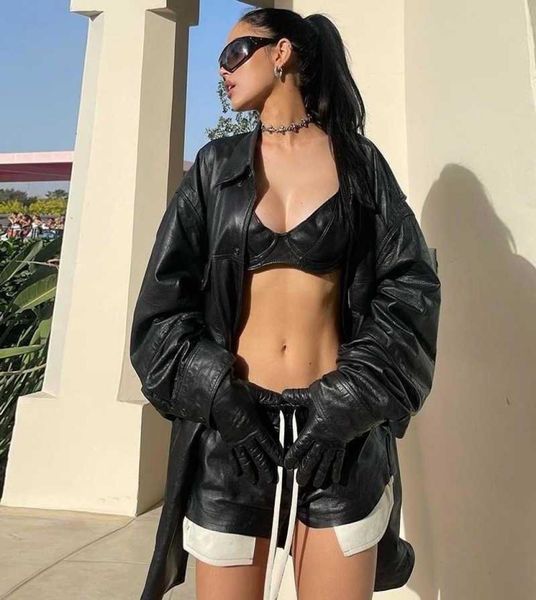 

retail summer womens pu leather shorts new fashion contrast color lace up high waist bag hip tight casual short pants7284798, White;black