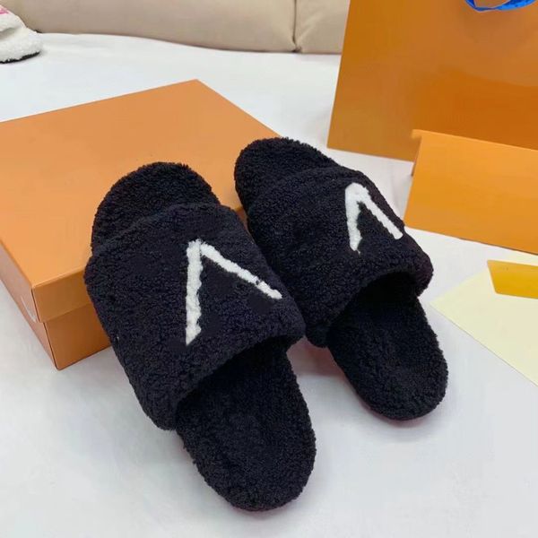 

winter wool slipper designer shoes lazy letter flat bottom men slipper women fashion shoe lady cartoon plush slippers keep warm flops large, Black