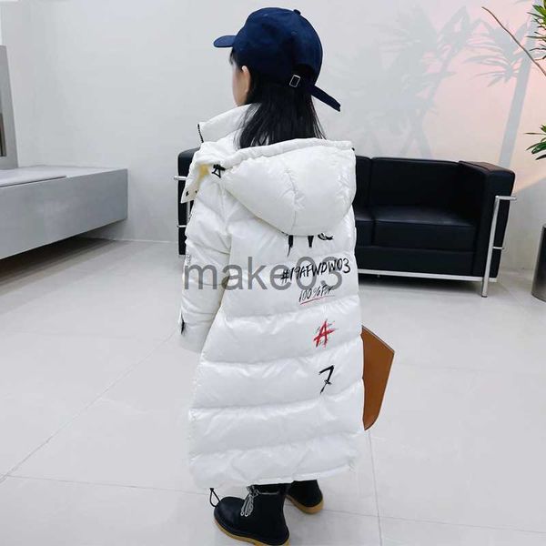 

down coat 2023 winter children girls long down jacket graffiti thick zipper hoddie parka warm waterproof xlong teenager girls snowsuit j2308, Blue;gray