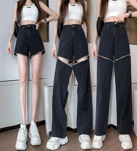 

women039s jeans personality women twowear zipper detachable design high waist straight loose drape female mopping denim trouse9656427, Blue