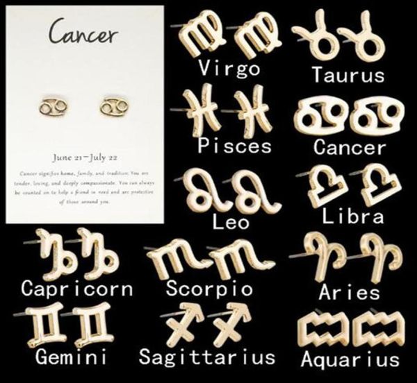 

fashion 12 constellation earring classic silver gold zodiac sign stud earrings jewelry with gift card dhl 1665366, Golden;silver