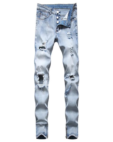 

men039s jeans fashion zip leggs ripped knee hole light blue skinny ripped destroyed stretch slim fit casual pants 33583475104