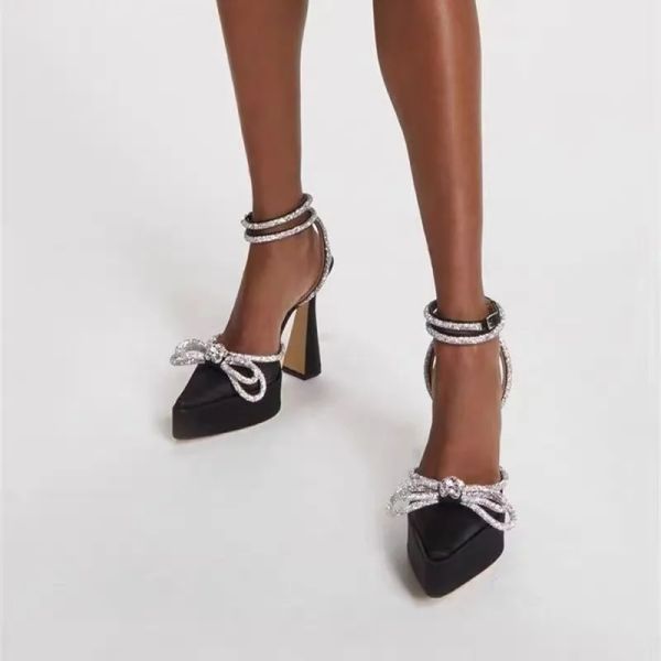

mach satin bow dress shoes platform pumps crystal embellished rhinestone evening shoe chunky high heels sandals w heeled luxury designers an, Black