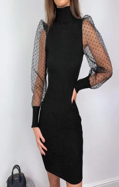 

lace dress women hight neck plus size party dresses female chic slim autumn long sleeves sheer mesh bodycon women039s dress5675696, Black;gray