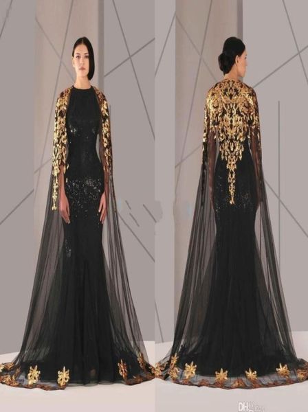 

arabic muslim evening dresses plus size party gowns tulle cloak gold and black sequins crew neck mermaid formal wear long pageant 4460529, Black;red