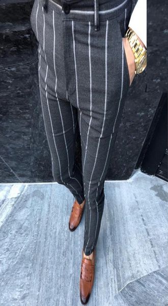 

smart casual pants men spring fashion slim trousers pantalones hombre striped straight leg joggers pencil pants male streetwear v29477244, Black