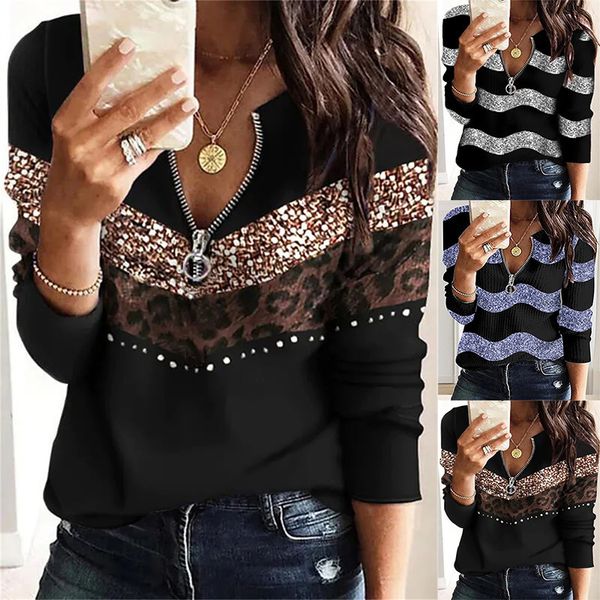 

womens sweaters spring women fashion casual neck zipper geometric print long sleeve sweater 230822, White;black