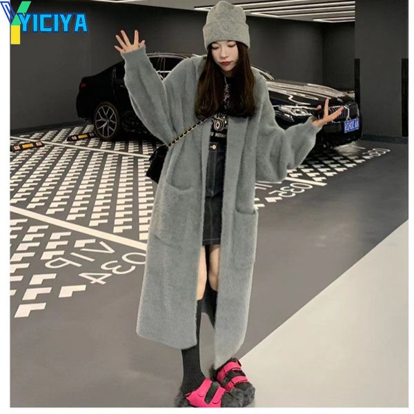 

womens sweaters yiciya long mink velvet cardigan clothing knitwears autumn winter high street hooded knitted cardigans female 230822, White;black