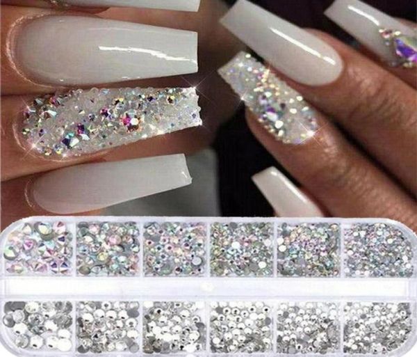 

12 gridsset ab crystal glass rhinestones nail art decorations multisize 3d diy tips manicure glitter diamond gems accessories5517170, Silver;gold