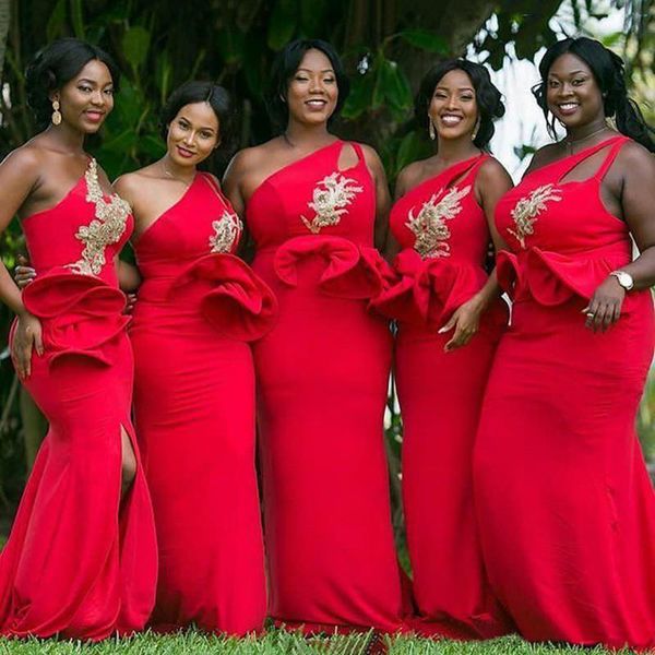 

red one shoulder mermaid african bridesmaid dresses ruffles waist appliques beaded gold bridesmaid dress plus size wedding guest gowns, White;pink