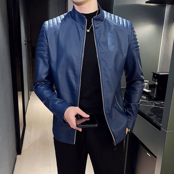 

men's trench coats moto pu leather jacket men winter leahter jacket male stand collar casual windbreaker trendy mens clothing black blu, Tan;black