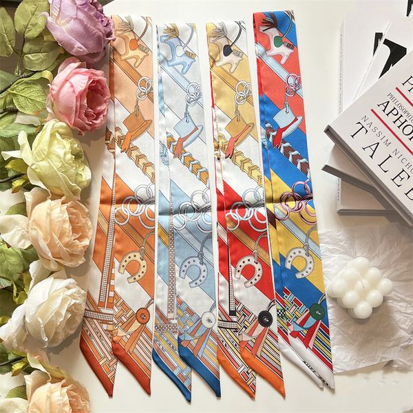 

rayon 2023 new korean style narrow strip small silk ribbon scarf tie bag handle scarves decorative scarf thin for customers, Blue;gray